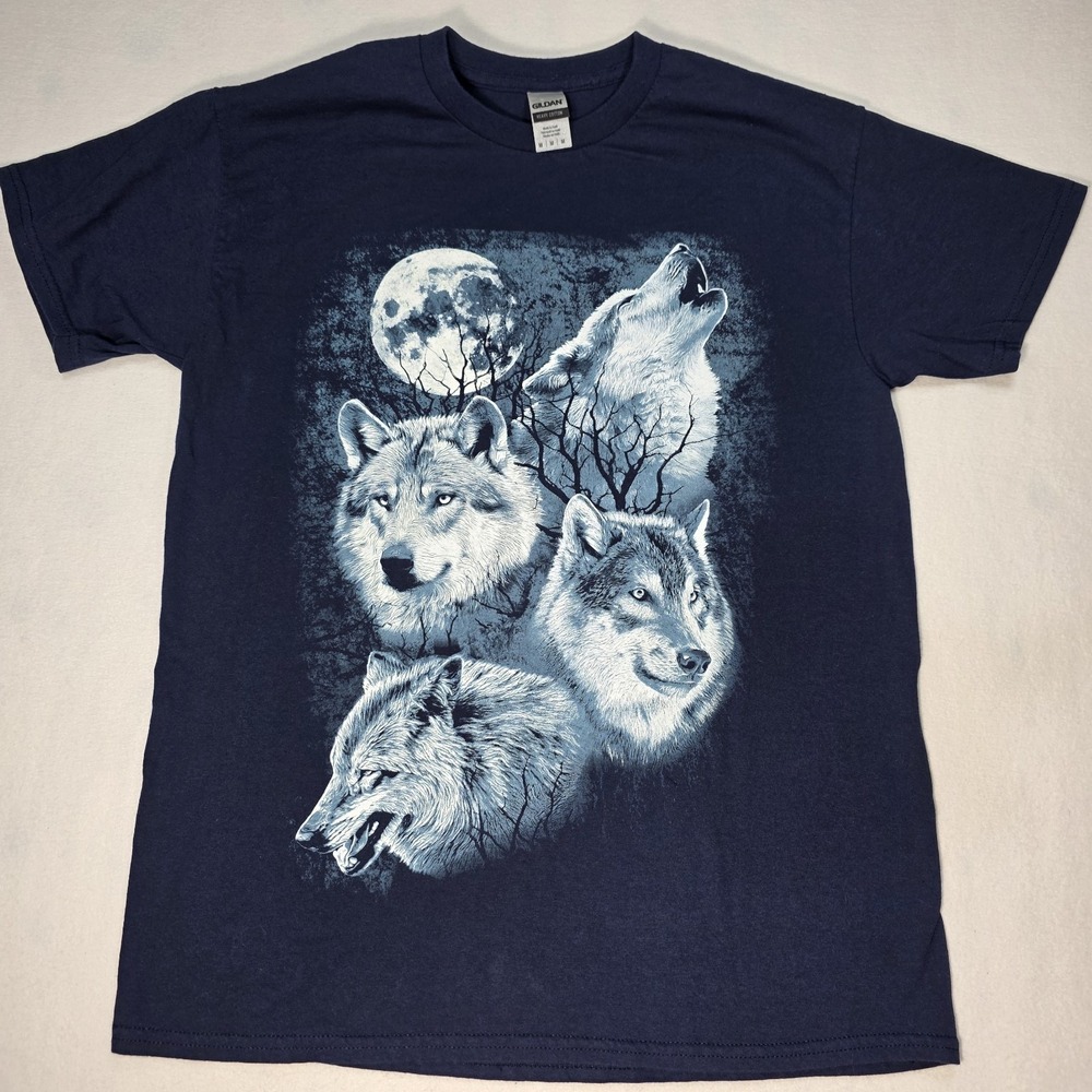 White Wolf Pack Shirt -‎ Unisex M Blue Short Sleeved T-shirt Nature Vibes Wolves